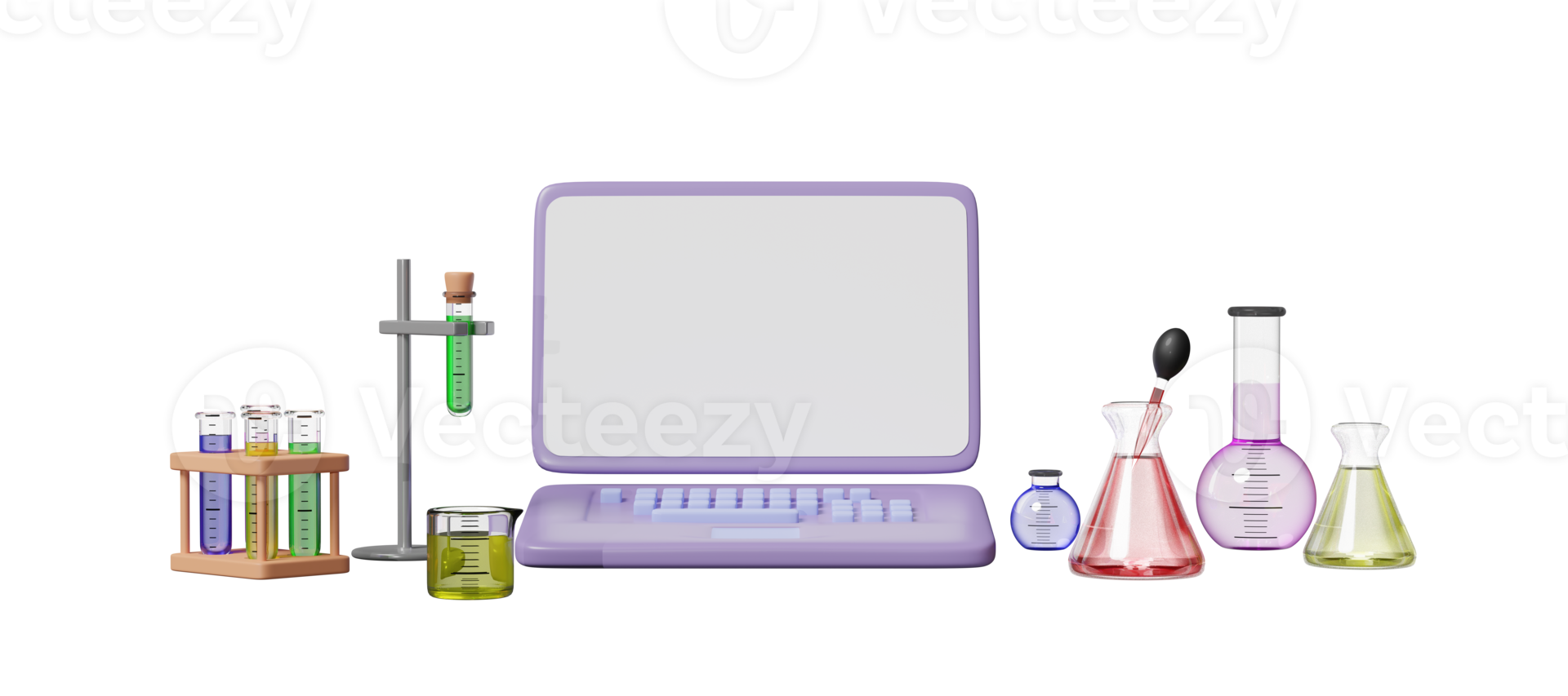 3d laptop computer with beaker, test tube, science experiment kit, space isolated. room online innovative education, template mockup concept, 3d render illustration png