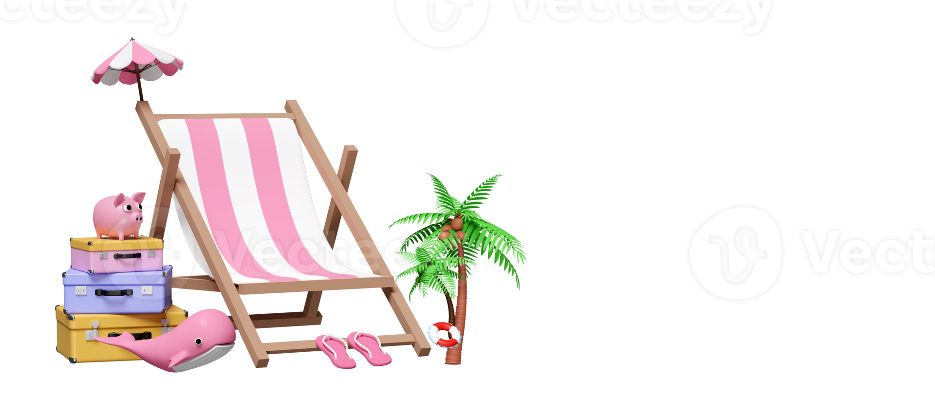 3d summer travel with suitcase stack, beach chair, umbrella, sandals, palm tree, whale, piggy bank, space isolated. summer travel concept, 3d render illustration png