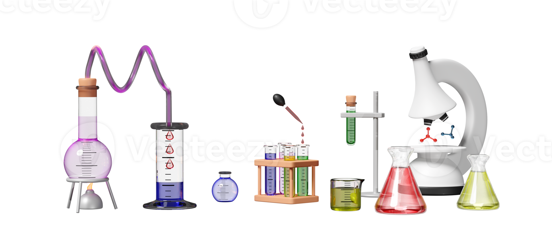 Kit d'expérience scientifique 3d avec lampe à alcool, bécher, tube à essai, microscope isolé. concept d'éducation innovante en ligne en classe, illustration de rendu 3d png