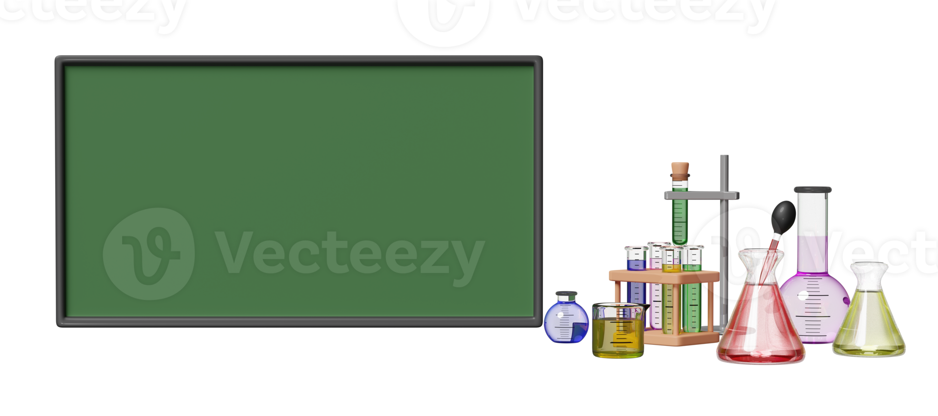 3d green blackboard with beaker, test tube, science experiment kit, space isolated. room online innovative education concept, 3d render illustration png