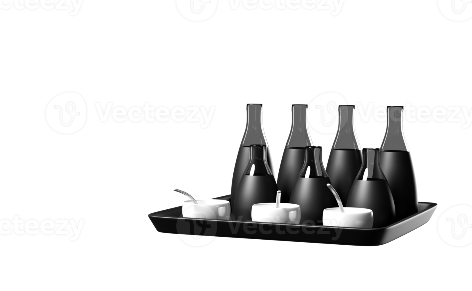 3d soja saus flessen reeks met dienblad, kop van saus, lepel geïsoleerd. modieus stijl concept, 3d geven illustratie png