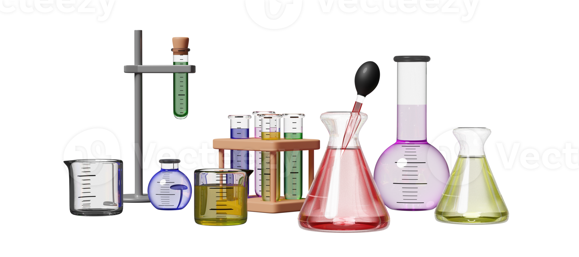 Kit de experimentos científicos 3D com copo, tubo de ensaio isolado. conceito de educação inovadora online de quarto, ilustração de renderização 3d png