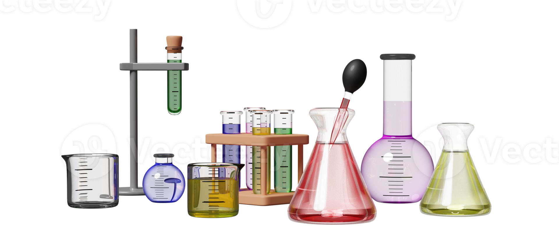 Kit de experimento de ciencia 3d con vaso de precipitados, tubo de ensayo aislado. concepto de educación innovadora en línea de la habitación, ilustración de renderizado 3d png