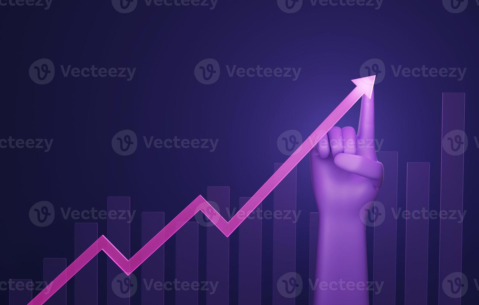 Businessman hand pointing to shine bright arrow graph onpurple background. 3D rendering, 3D illustration photo