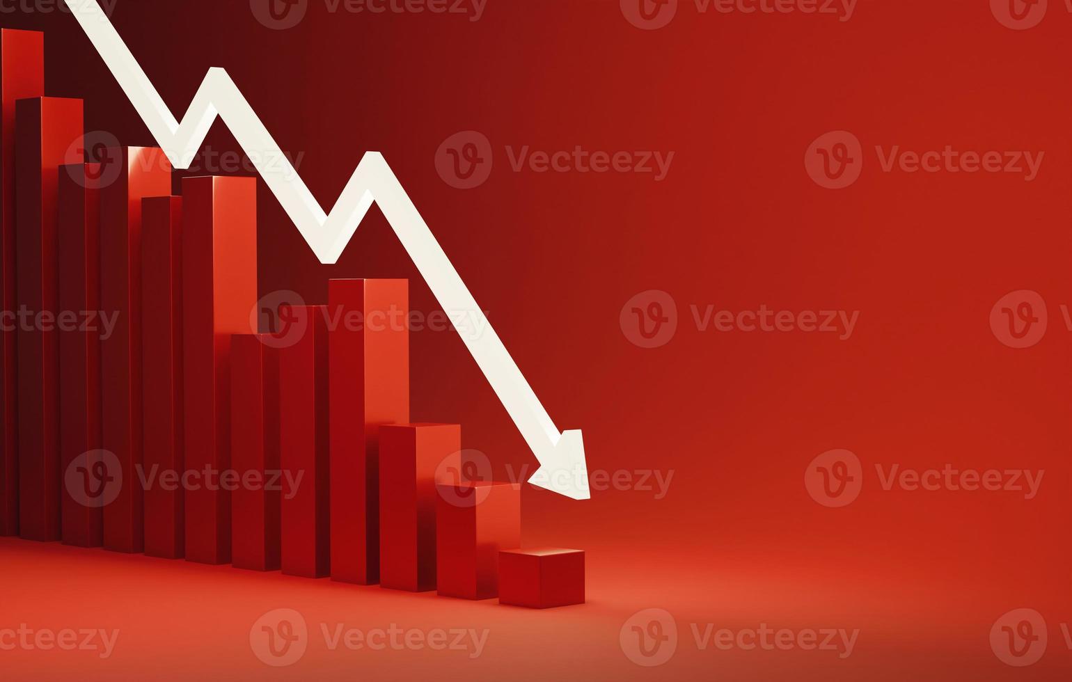 White arrow pointing down with declining bar graph on red background. 3D rendering, 3D illustration photo
