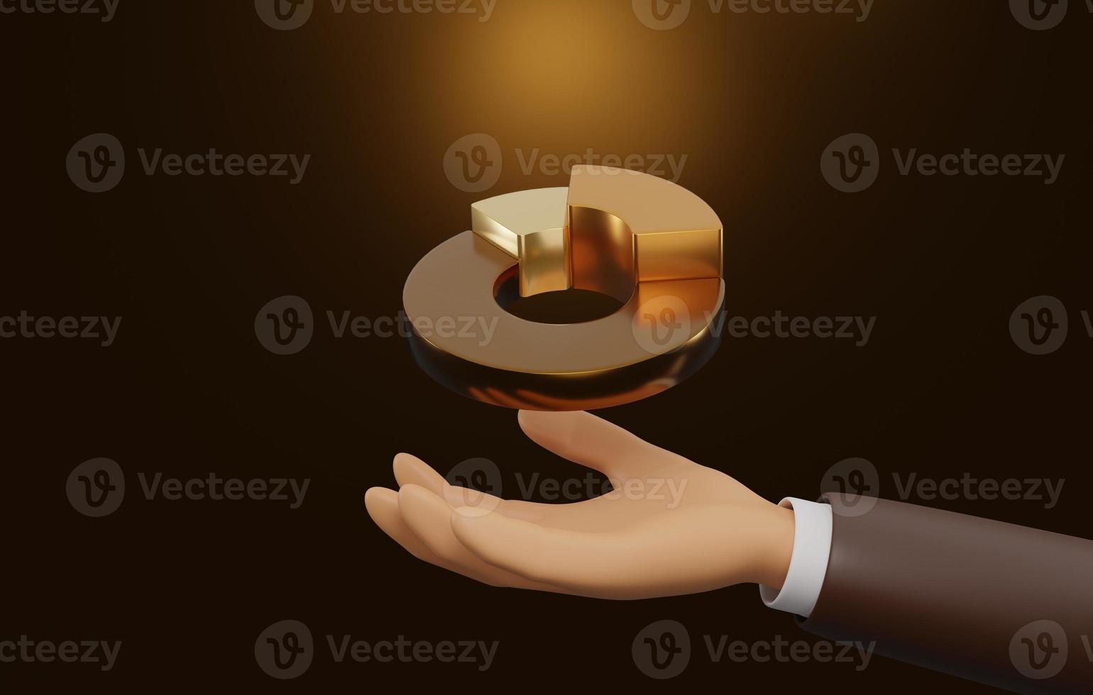 Golden pie chart on businessman hand on dark brown background. 3D rendering, 3D illustration photo