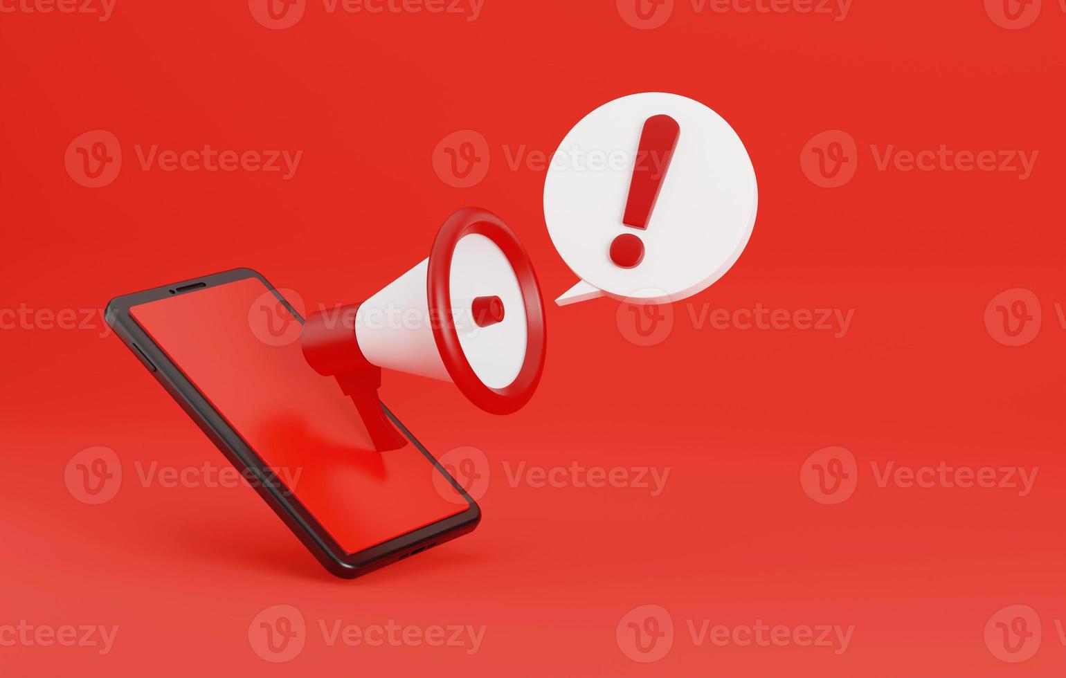 Megaphone with security alert chat bubble and smartphone isolated on red background. 3D rendering, 3D illustration photo