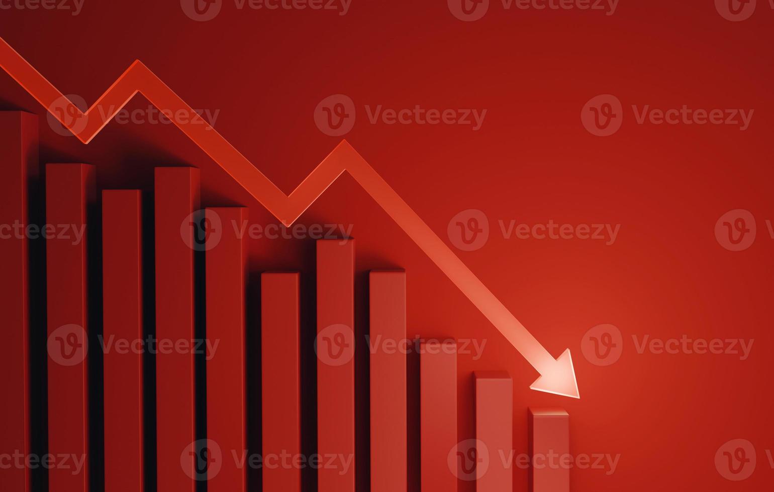 Red arrow pointing down with declining bar graph on red background. 3D rendering, 3D illustration photo