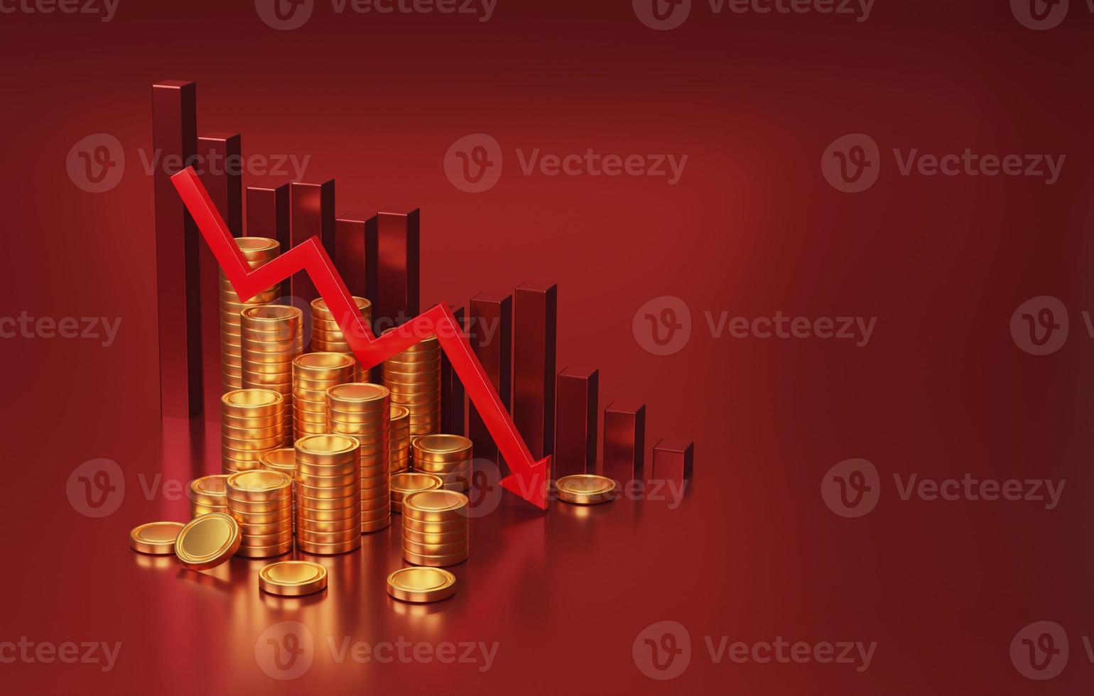 Red arrow pointing down with declining bar graph and coin on red background. 3D rendering, 3D illustration photo