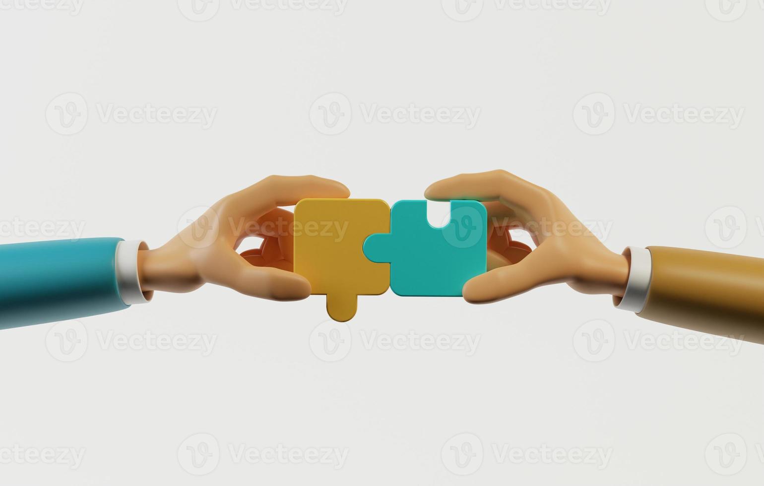 Businessman hands assembling jigsaw puzzles connecting people on white background. 3D rendering, 3D illustration photo