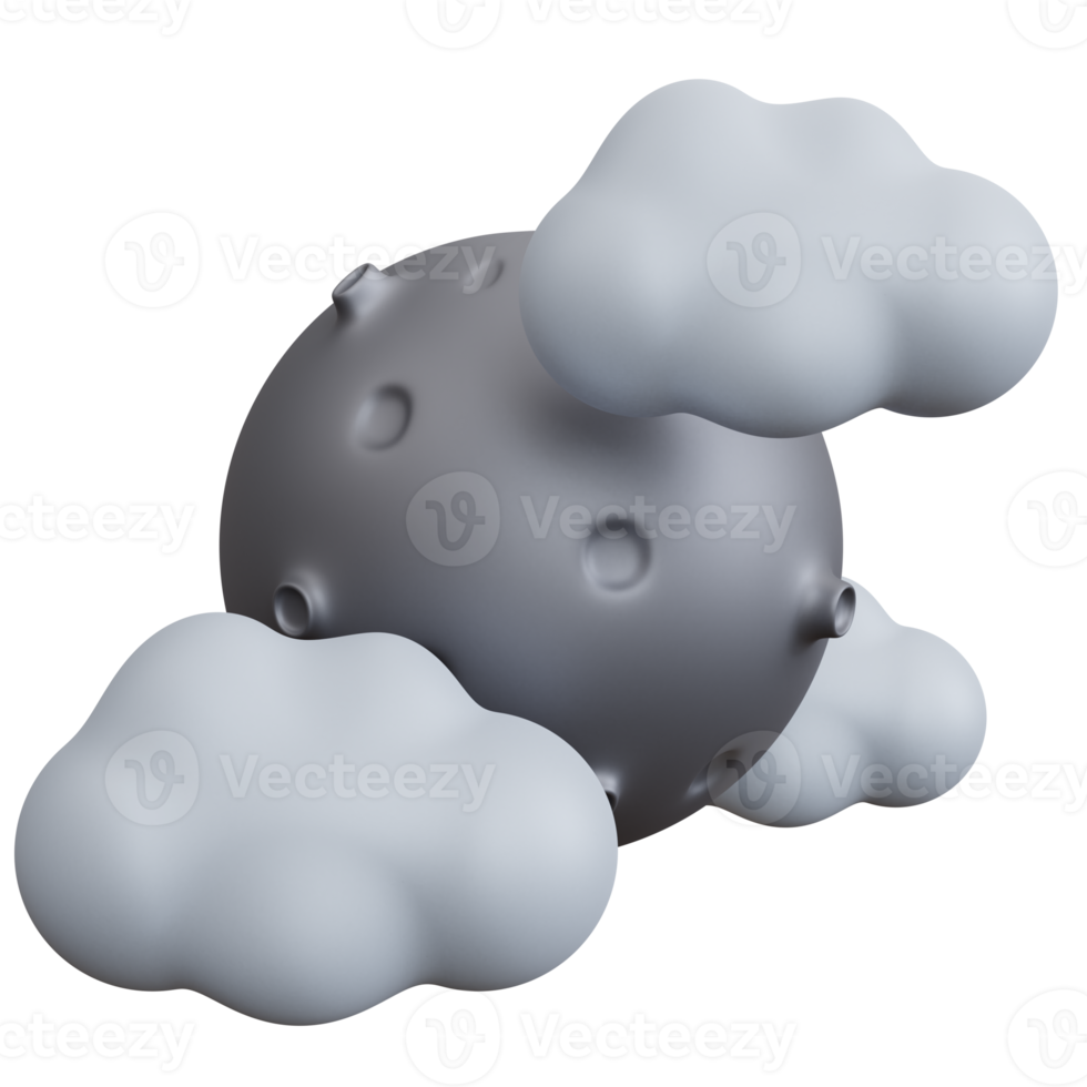 3d tolkning måne med tre moln isolerat png