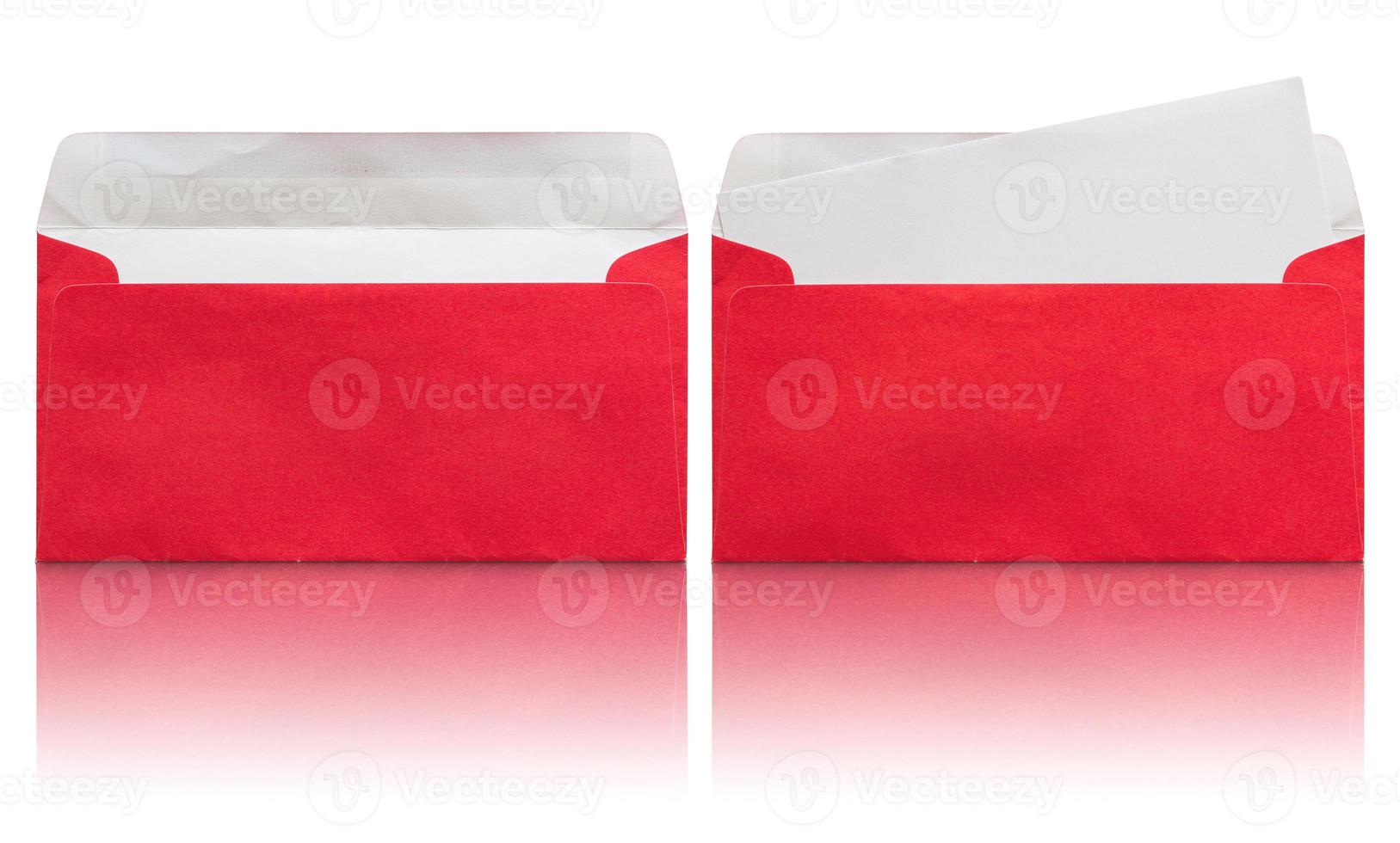 open red envelope with blank letter isolated on white background photo