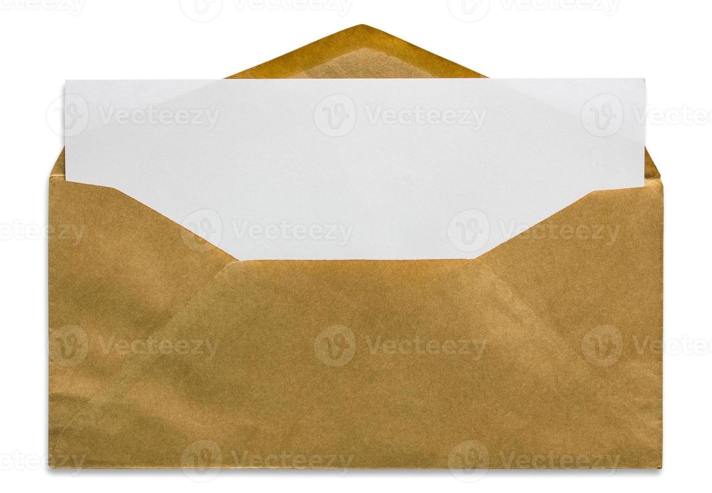 open brown envelope with blank letter isolated on white background photo