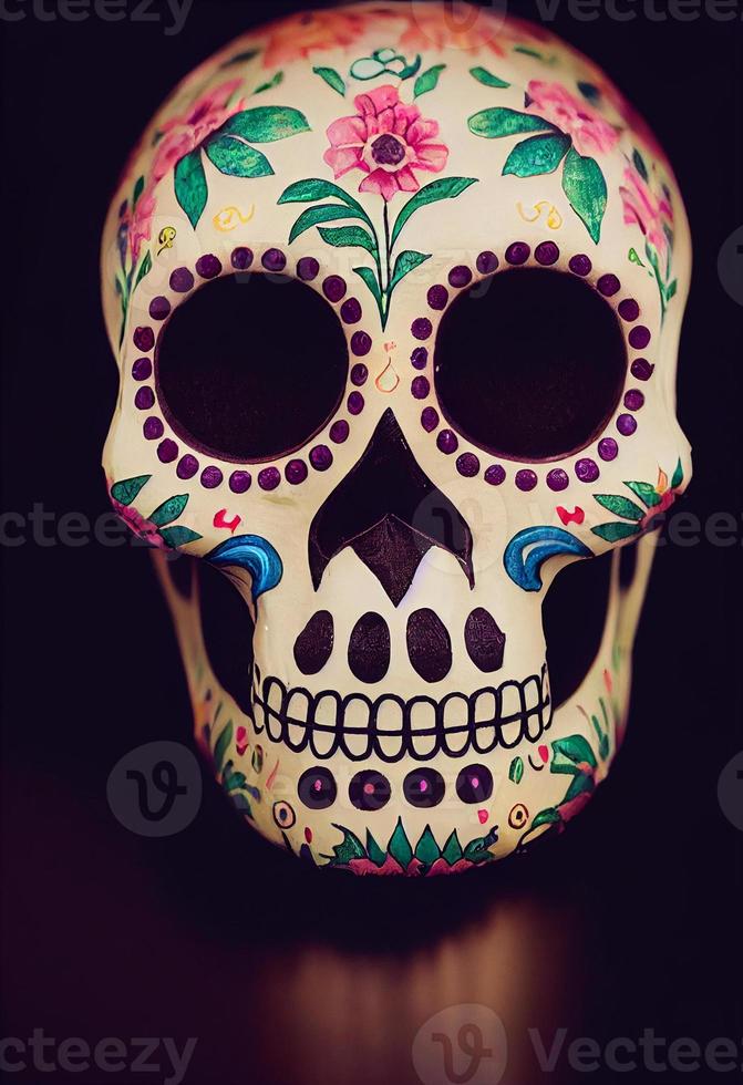 Mexican sugar skull floral paint and reflection in a dark environment photo