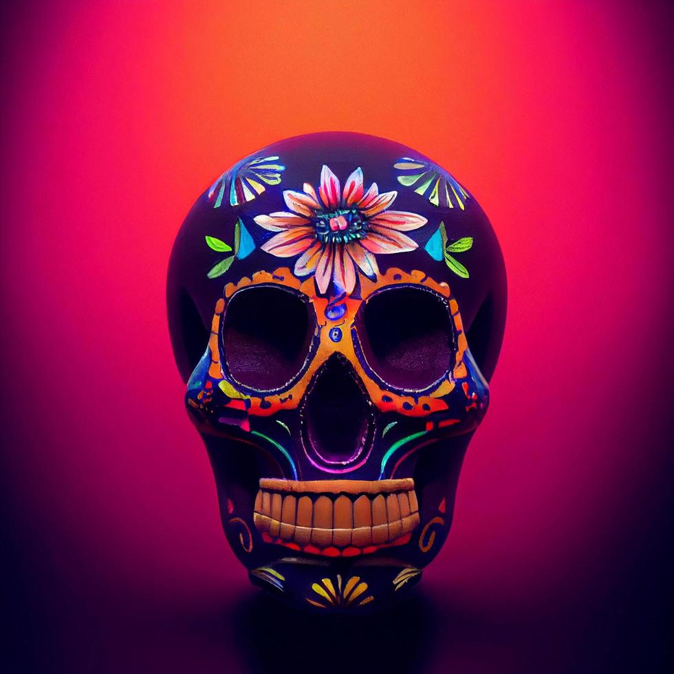 Mexican sugar skull black skull with floral and sunset background photo