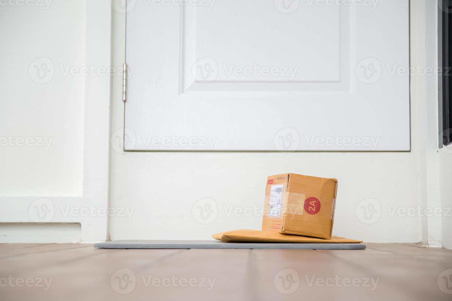 Cardboard parcel box near door on floor. Online shopping, boxes delivered to your front door. Easy to steal when nobody is home. Parcel in cardboard box on doorstep. Delivery service photo