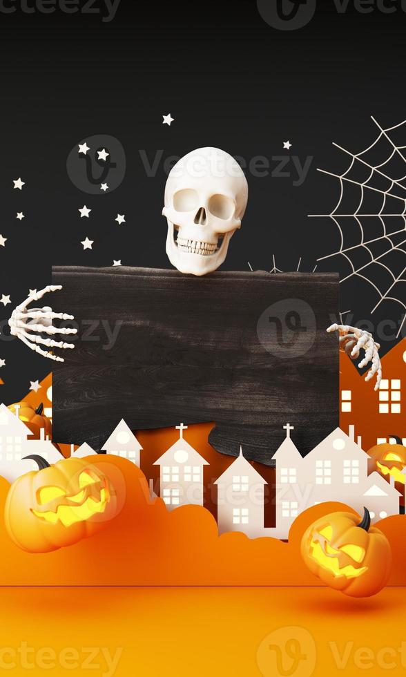 Happy Halloween party posters set with night clouds and pumpkins in cartoon illustration. Full moon and boo ghost with haunted house Place for text. Brochure background. 3d render cartoon character photo