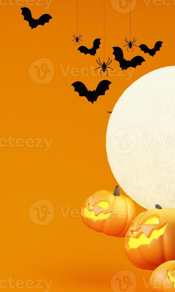 Happy Halloween party posters set with night clouds and pumpkins in cartoon illustration. Full moon and boo ghost with haunted house Place for text. Brochure background. 3d render cartoon character photo