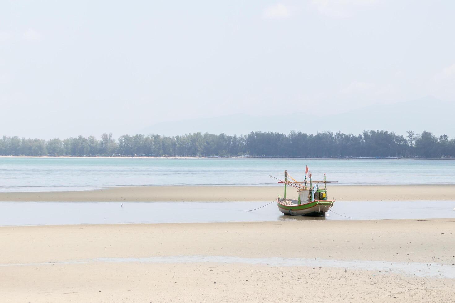 Small fishing boats aground on the beach with trees in the background. photo