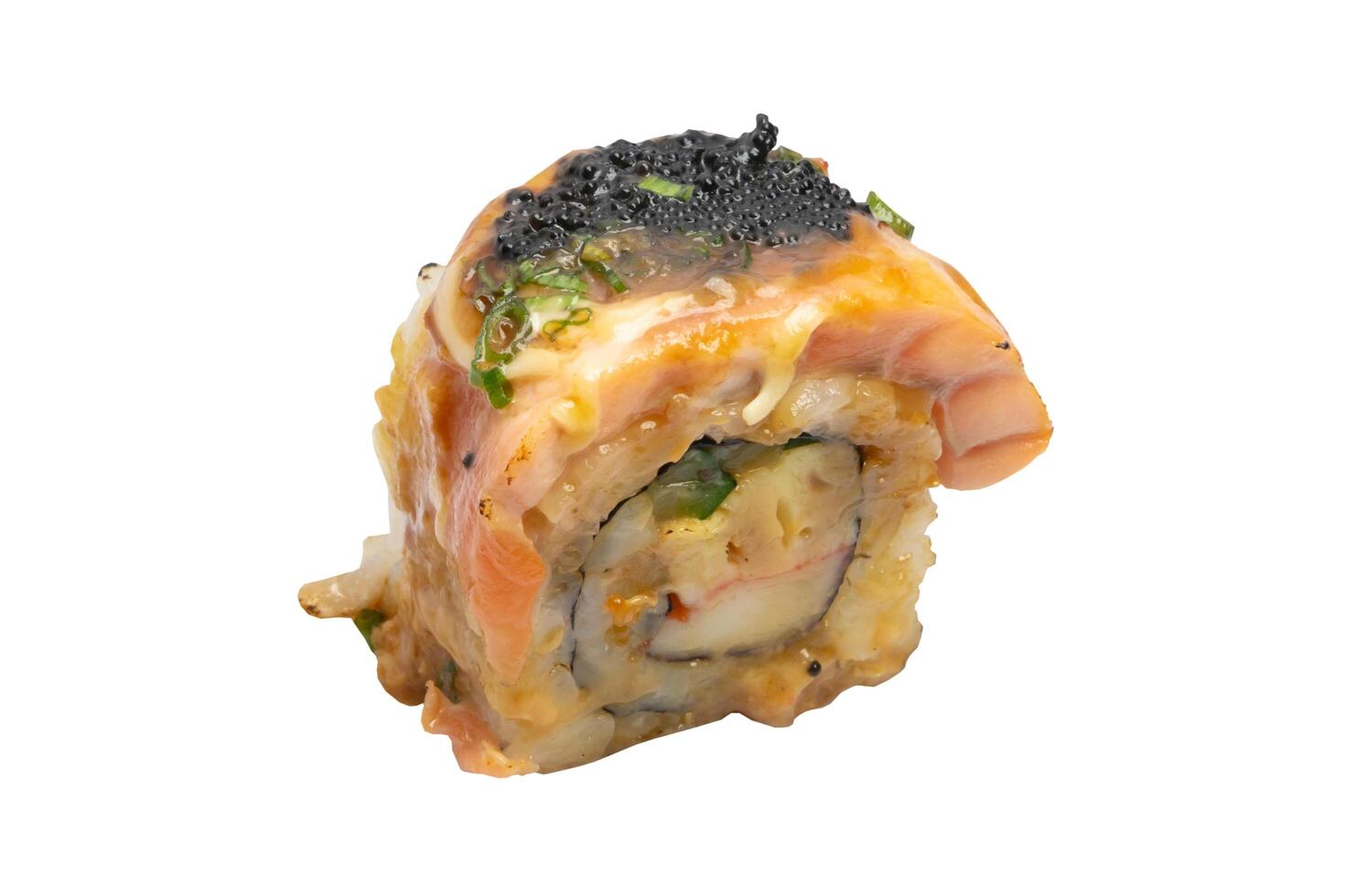 Sushi rolls or maki sushi with cucumber, salmon, crab sticks, sauce and black caviar isolated on white background. Japanese food. Clipping Path. photo