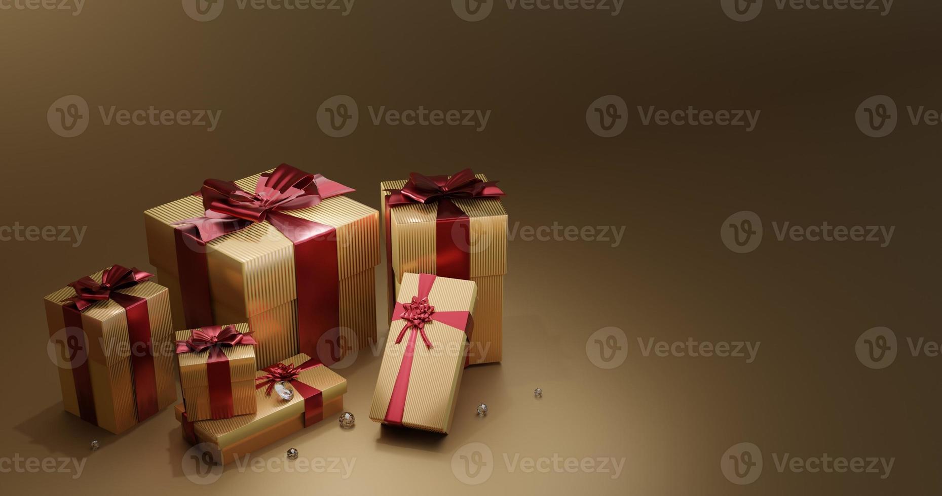 3D rendering illustration, golden gift box tied with red ribbon,there are shopping bags in the back photo