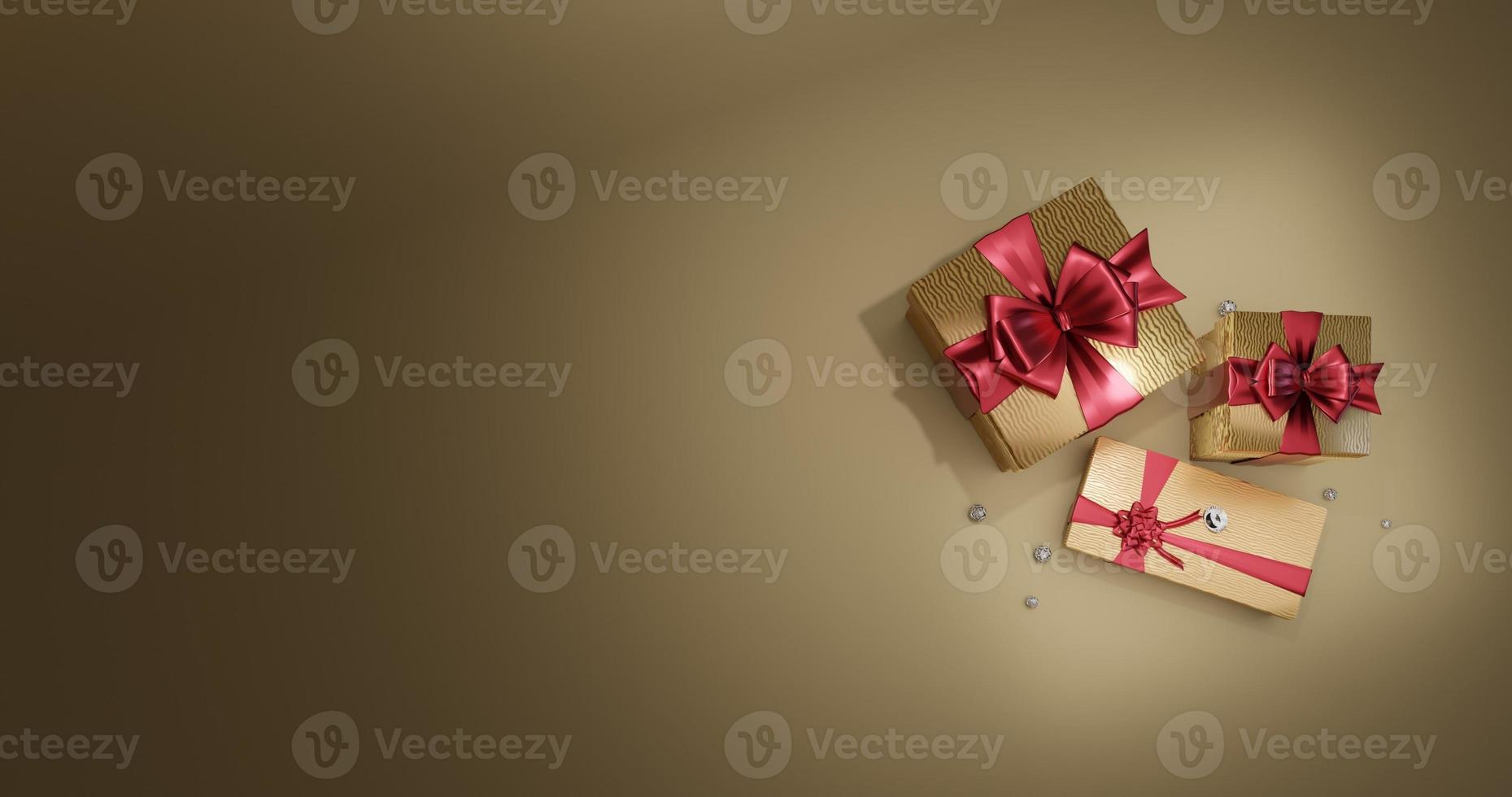 3D rendering illustration, golden gift box tied with red ribbon photo