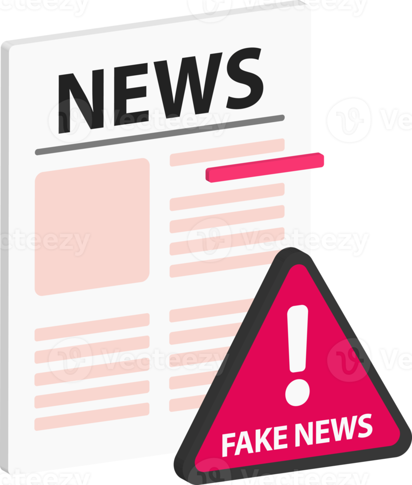 ilustração de jornal 3D com sinal de aviso de notícias falsas png