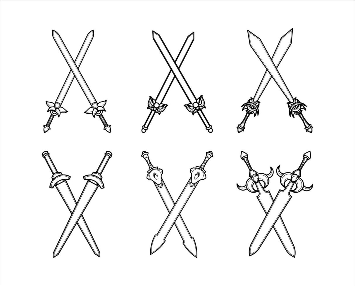 colección de ilustraciones en blanco y negro de espadas cruzadas vector