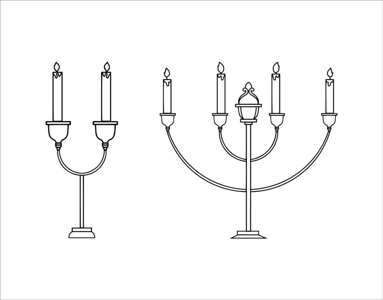 Two Decorative Candle Burn and Candle Stick Vintage Outline vector