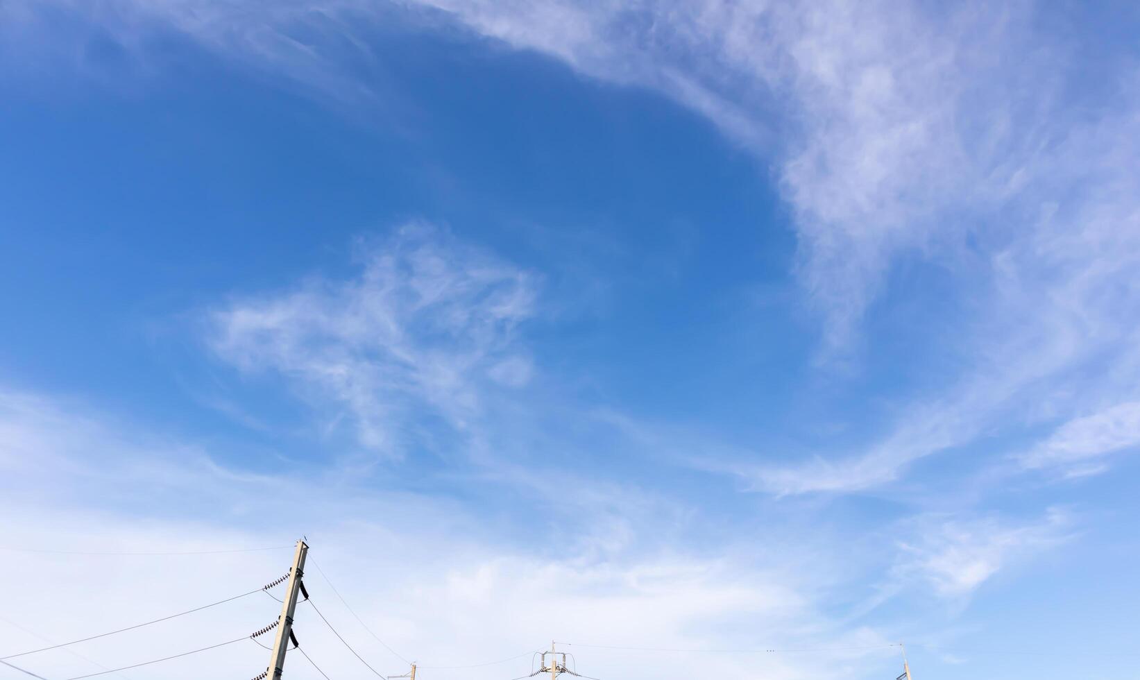 Blue sky with clouds, Sky background image, Electric pole at bottom of picture. photo