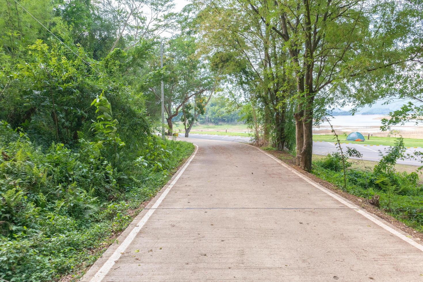 Concrete road in the forest With mountains and sky in the background photo