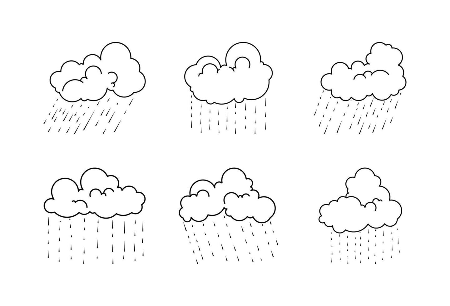 conjunto de ilustraciones de tormenta de lluvia de arte de línea de doodle vector