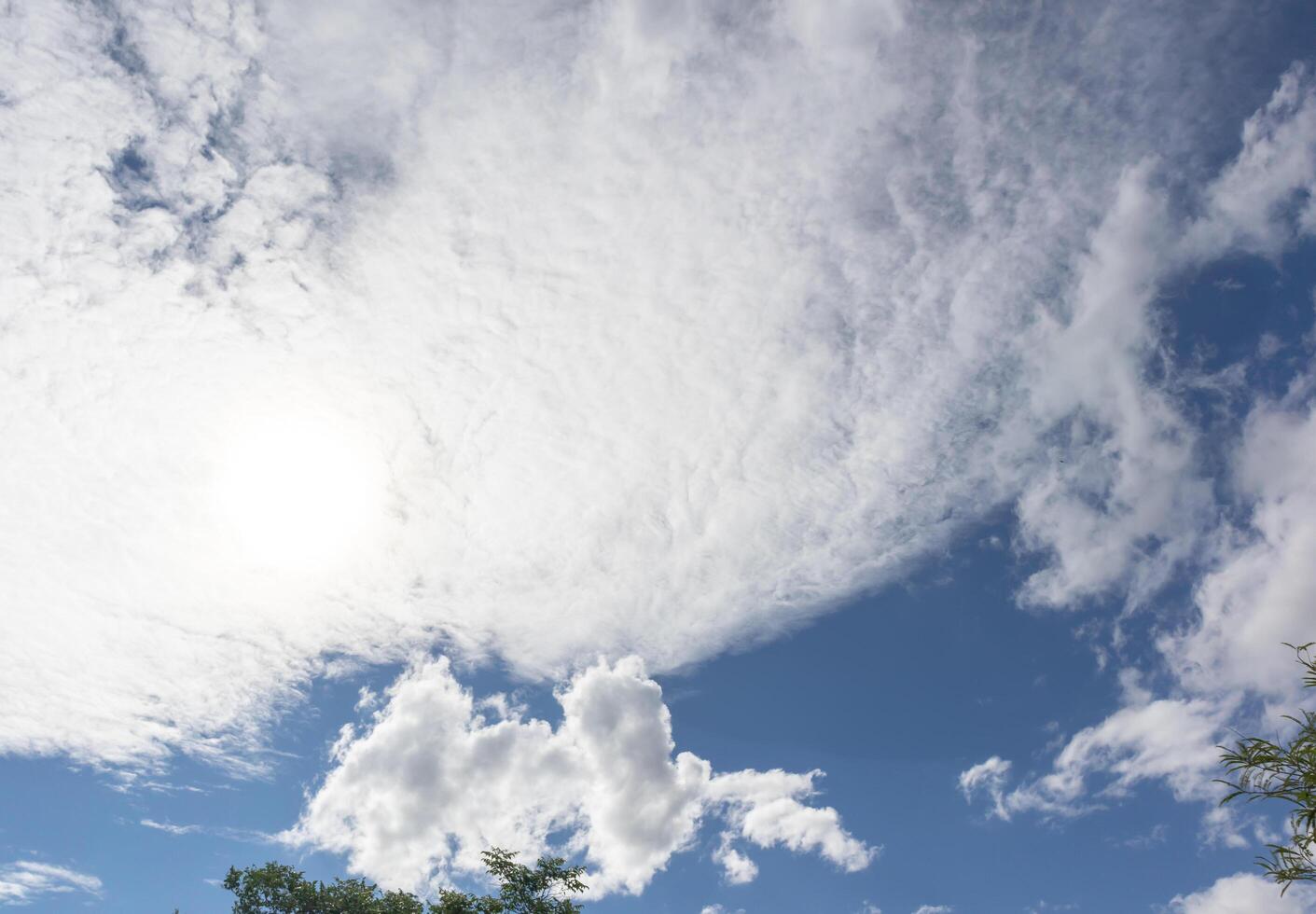 Beautiful blue clear sky with white clouds background in sunny day and copy space. Nature bright sky background image. Summer blue sky. Texture for Design. Natural cloudy Wallpaper. photo