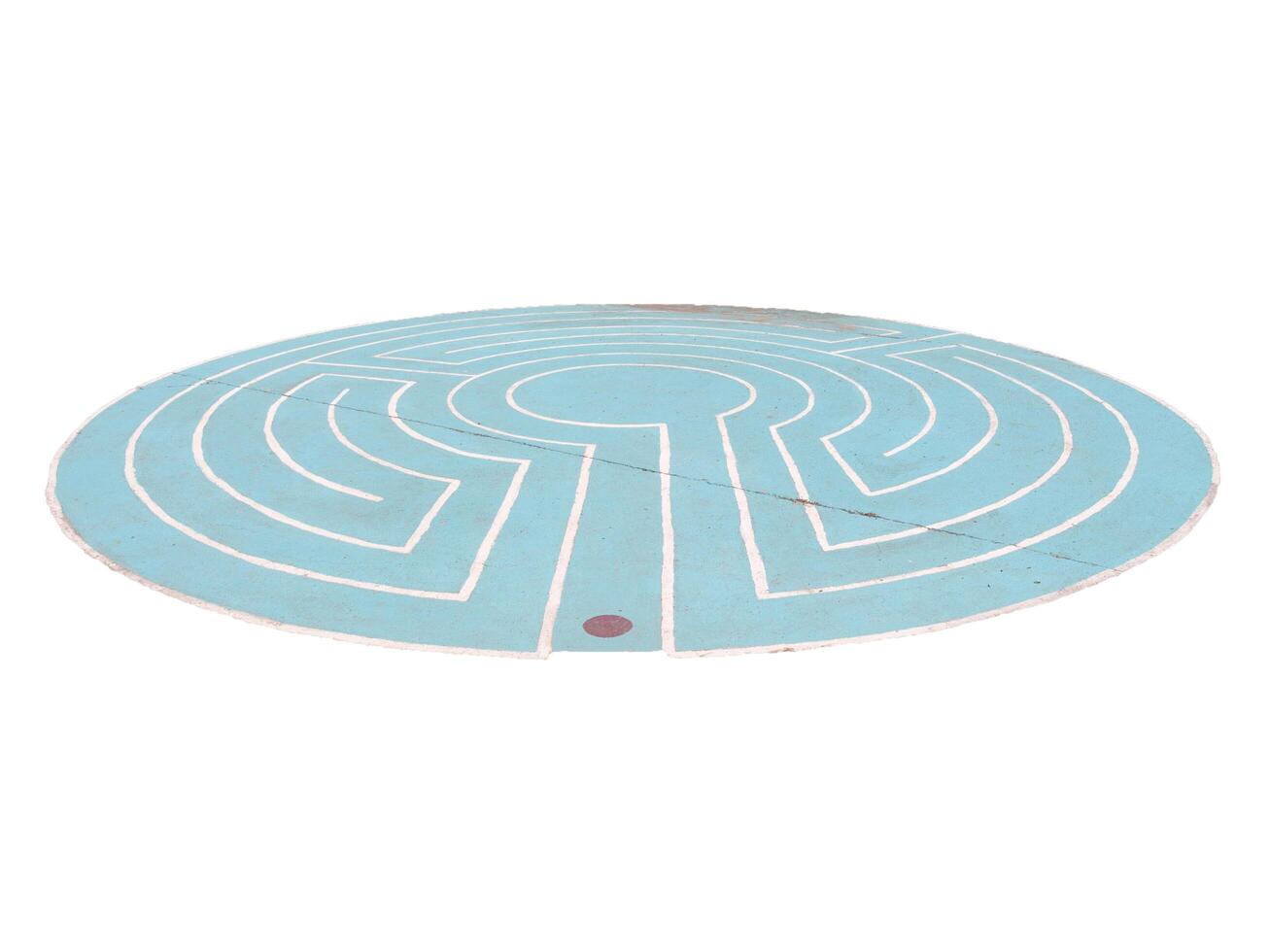 The maze is create of white and blue on the concrete floor and isolated on white background, labyrinth isolated on white background photo