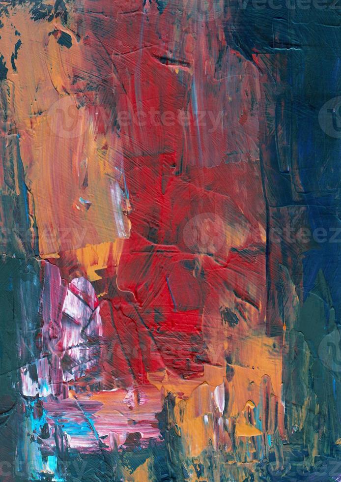 Abstract deep red, green and yellow textured background. Rough brush strokes on paper. Contemporary art. photo