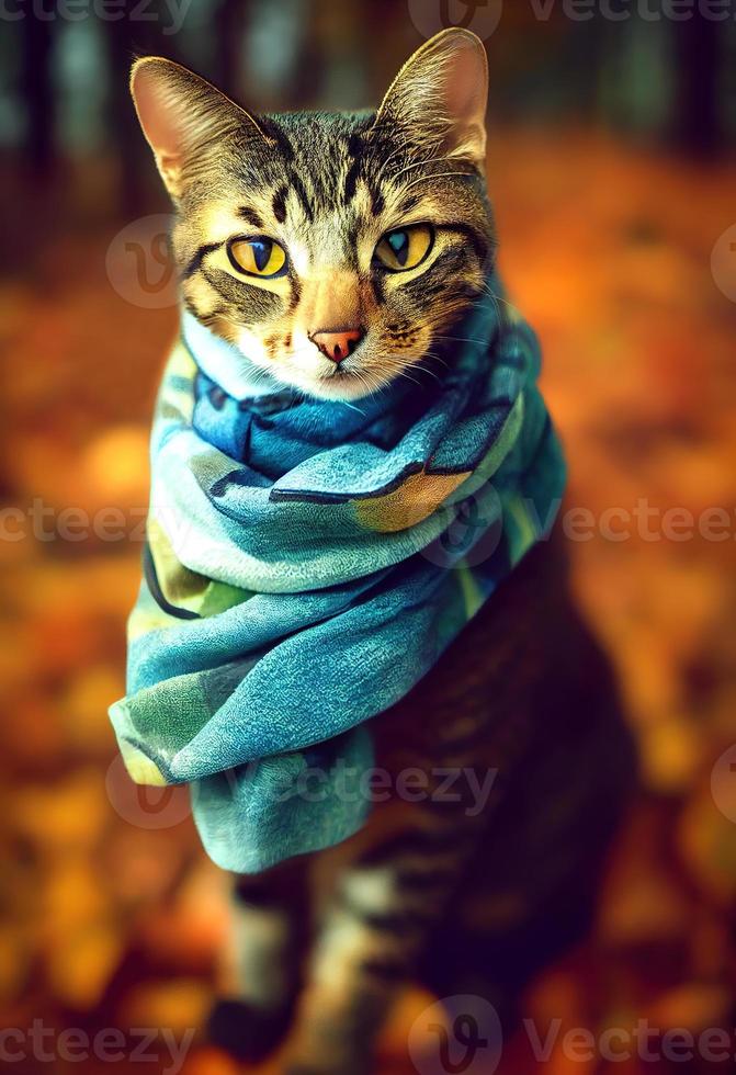 un gato con una bufanda en un bosque de otoño. foto