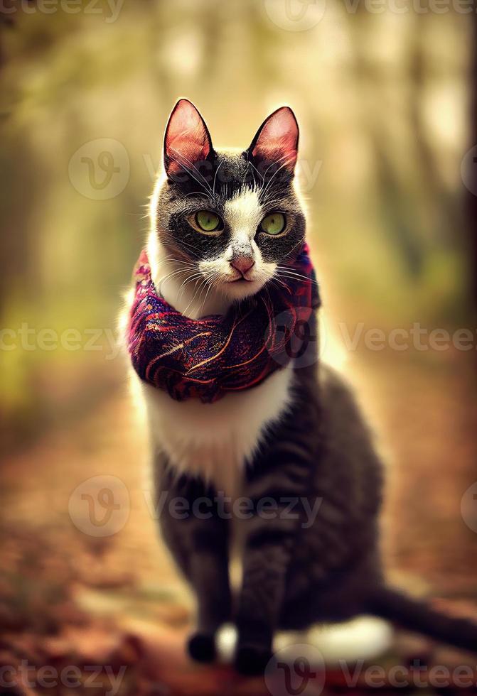un gato con una bufanda en un bosque de otoño. foto