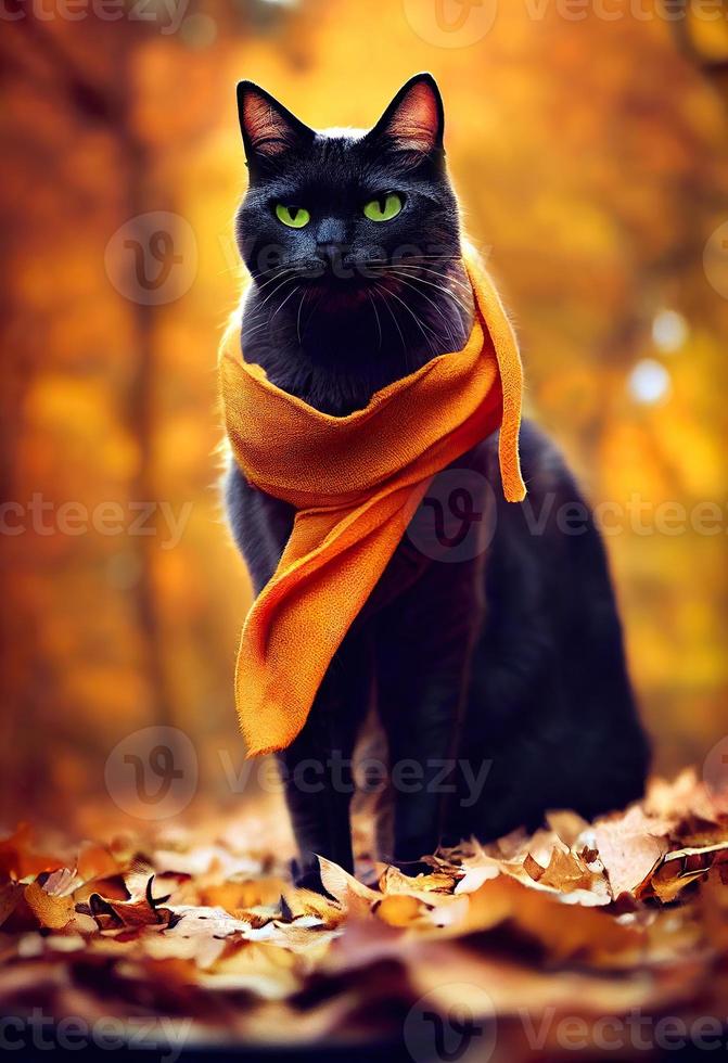 A cat wearing a scarf in an Autumn forest. photo