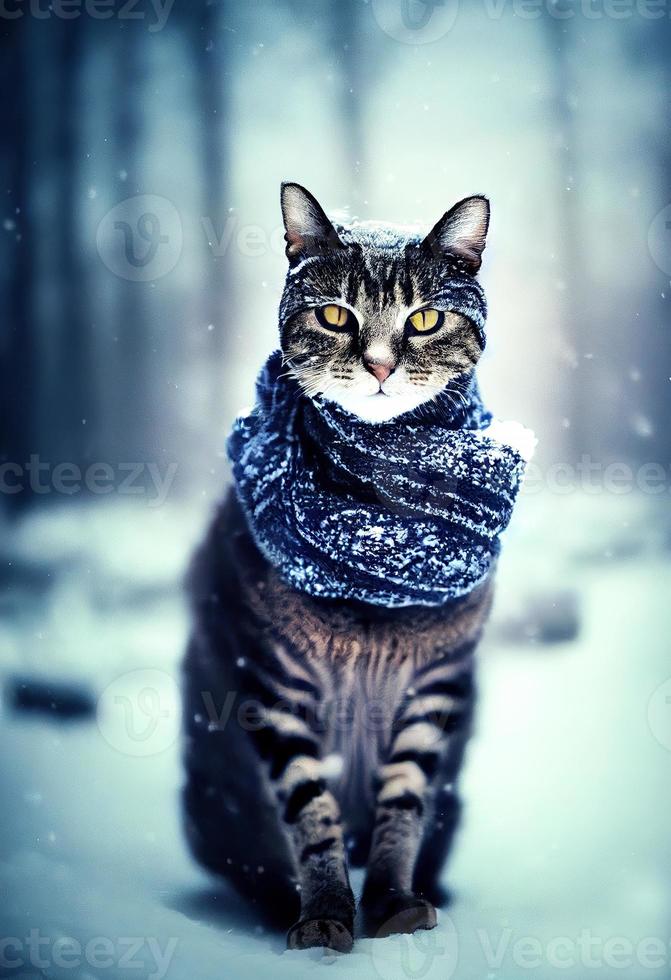 A cat wearing a scarf in an snow forest. photo