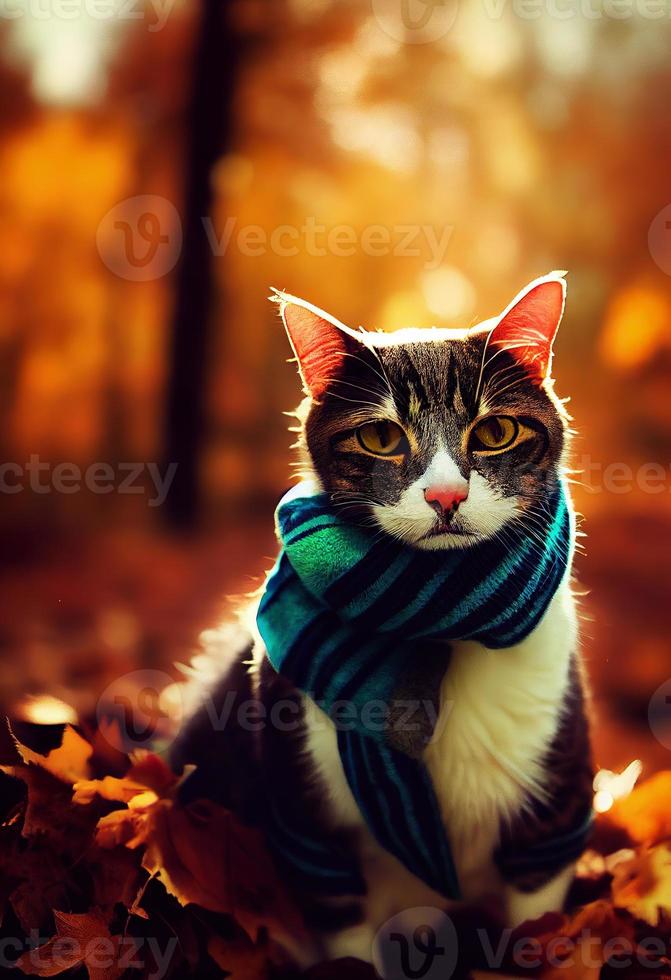 A cat wearing a scarf in an Autumn forest. photo