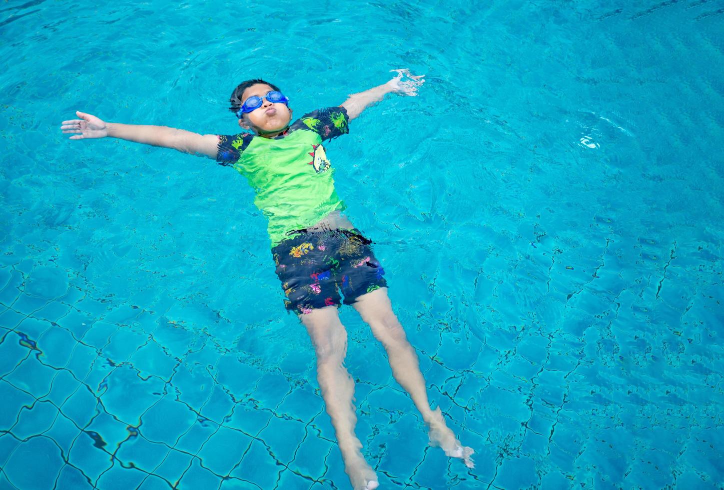 boy wearing a swimsuit and glasses swimming in the middle of the pool with a blue water background photo