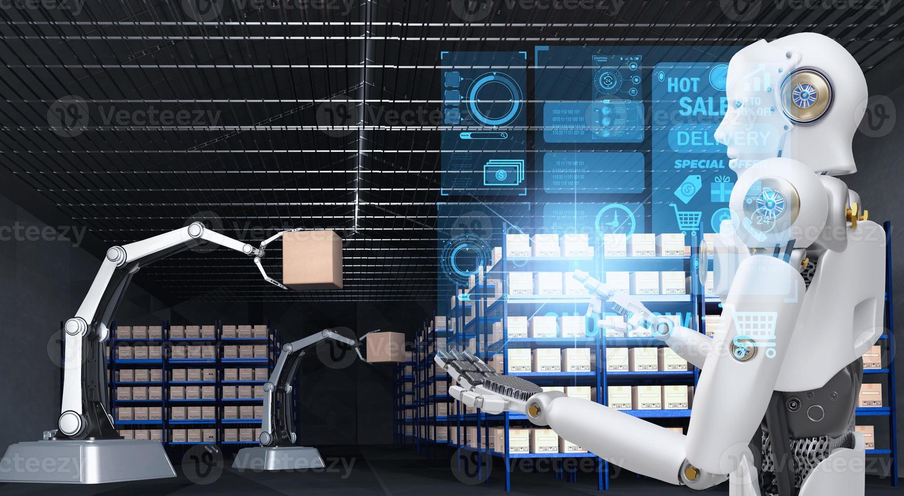 Robot arm Object for manufacturing industry technology Product export and import of future Robot cyber in the warehouse by hand mechanical future technology photo