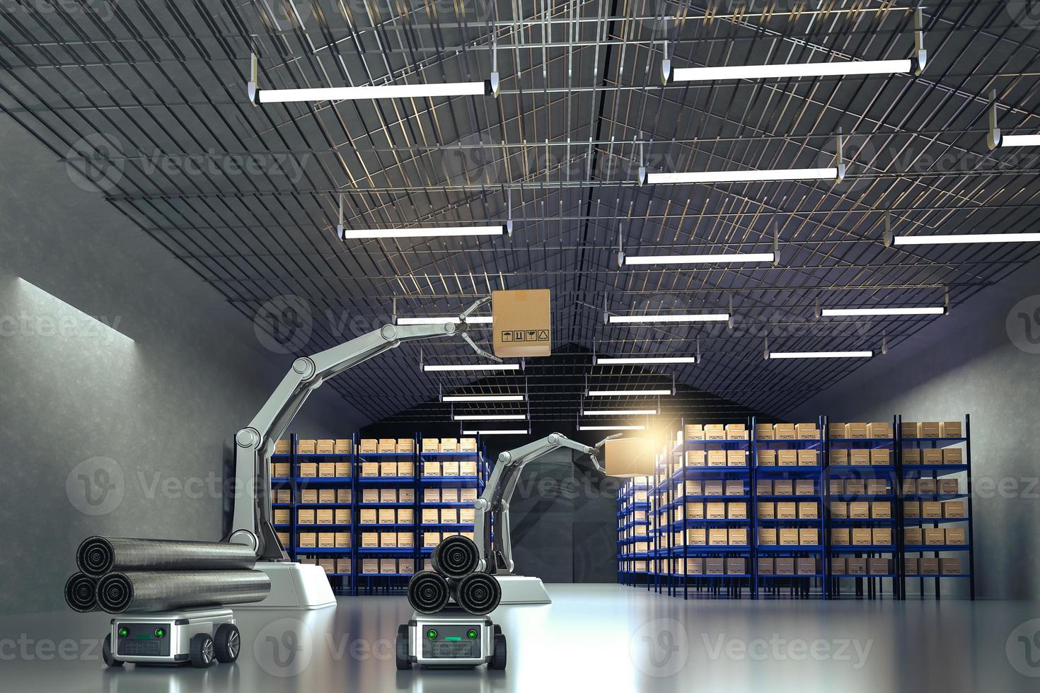 Car Robot transports truck Box with AI interface Object for manufacturing industry technology Product export and import of future Robot cyber in the warehouse by Arm mechanical future technology photo