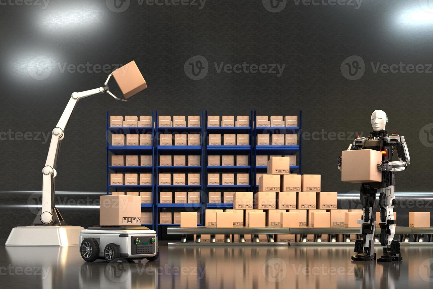 Car Robot transports truck Box with AI interface Object for manufacturing industry technology Product export and import of future Robot cyber in the warehouse by Arm mechanical future technology photo