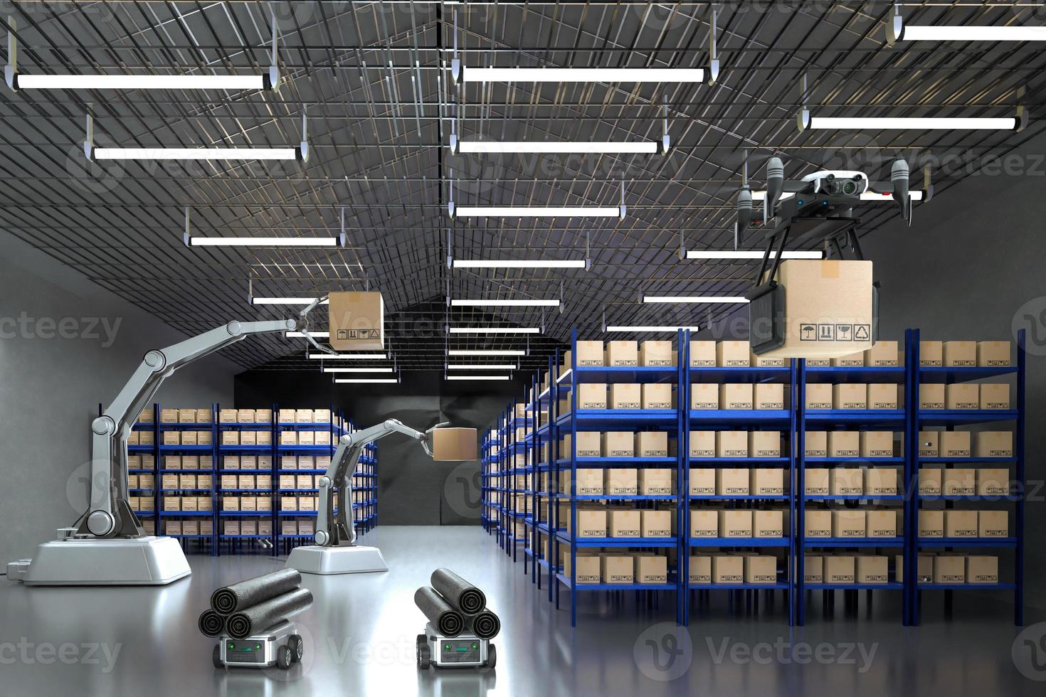 Car Robot transports truck Box with AI interface Object for manufacturing industry technology Product export and import of future Robot cyber in the warehouse by Arm mechanical future technology photo