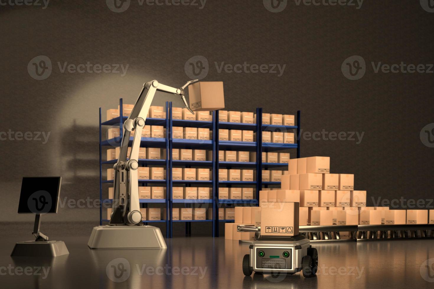 Car Robot transports truck Box with AI interface Object for manufacturing industry technology Product export and import of future Robot cyber in the warehouse by Arm mechanical future technology photo