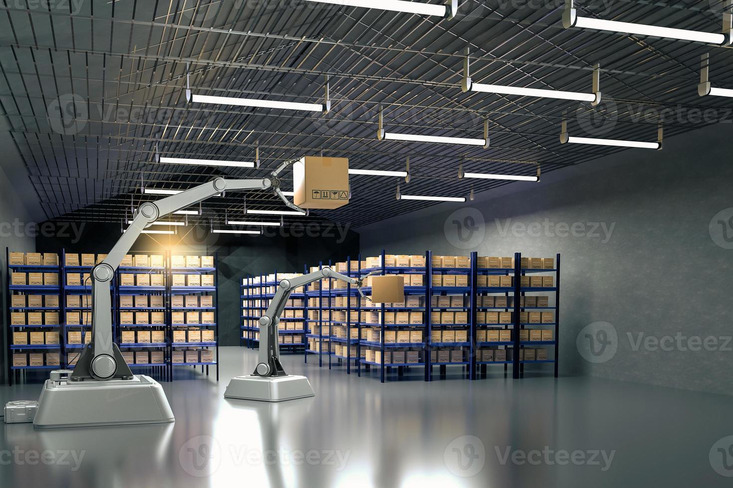 Arm Robot transports truck Box with AI interface Object for manufacturing industry technology Product export and import of future Robot cyber in the warehouse by Arm mechanical future technology photo