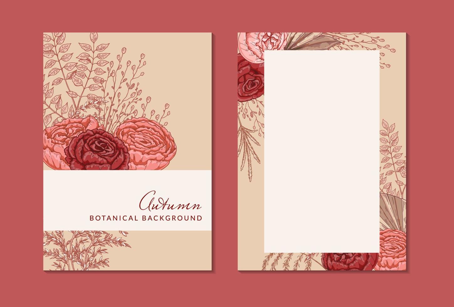 Two sides autumn vertical card with modern floral elements. Hand drawn botanical vector illustration. Space for text