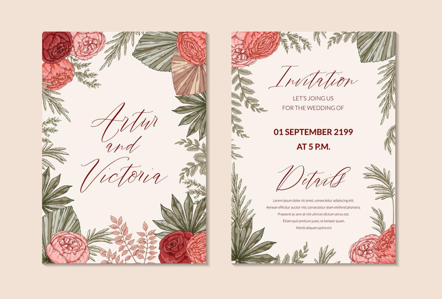 Two sides vertical boho wedding card. Save the date. Hand drawn vector illustration