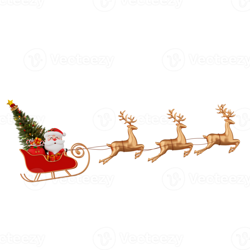 Santa Claus on sleigh with reindeer isolated 3d render png
